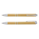 A bamboo pen in a natural finish with silver accents, featuring a sleek design and a clip. Includes a logo.