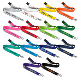 A collection of soft touch logo lanyards in various colours, featuring clips for attachment and different branding options.