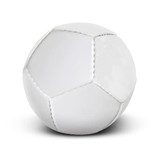A white mini soccer ball featuring traditional pentagonal and hexagonal panels, with visible stitching.