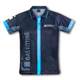 A custom men's performance polo shirt in black with blue accents and a logo.