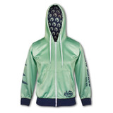 A light green women's zipped hoodie featuring a hood and patterned lining, with a logo on one side.