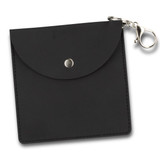 A black key ring pouch with a snap closure and a metal clip for attachment. It features a sleek, minimalist design.
