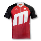 A red and black cycling jersey with a half-zip and a logo. Features vertical stripes and short sleeves.