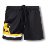 Custom men's AFL shorts in black with a yellow and white design, featuring a logo on the side and an adjustable waistband.