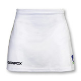 A white women's tennis skirt with a logo on the hem. The fabric appears lightweight and flexible.