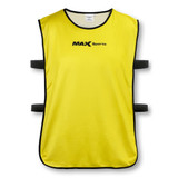 A yellow training bib with black trim and straps, featuring a logo on the front.