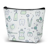 A small cosmetic bag in white featuring dental and health-themed illustrations in green and light blue.