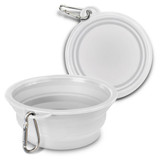 A white silicone collapsible pet bowl with a carabiner attachment for easy carrying. Features a rounded design.