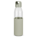 A drink bottle featuring a clear glass body and a soft green silicone sleeve. It includes a flip-top lid and has branding.
