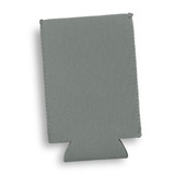 A slim can cooler in a muted grey colour with a logo, designed to keep drinks cool.