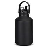 A drink bottle in matte black, featuring a handle and a screw-on lid, with a logo on the front.