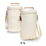 A double wine cooler bag in cream with a front pocket and adjustable shoulder strap, featuring a logo.