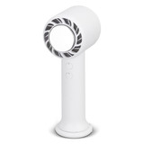 A white personal cooling fan with a sleek design and two buttons for operation. It features a circular airflow outlet.