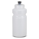 A drink bottle with a translucent white body and a black cap, featuring a simple design and a logo.