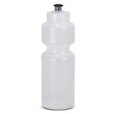 A drink bottle in clear plastic with a black nozzle cap and an ergonomic shape for comfortable handling.
