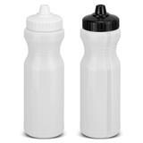 A drink bottle in white and black with a secure nozzle, featuring a logo on the body.