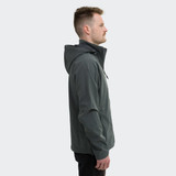 A soft shell jacket in dark grey, featuring a hood and a zippered front, displayed on a model from the side.