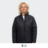 A black puffer jacket with a zip front and high collar on a model with blonde hair. The jacket features a logo.