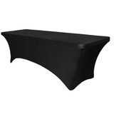 A black stretch table cover for a four-foot table, designed for exhibitions and events. Features a fitted design.