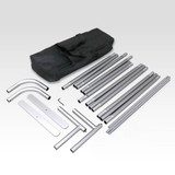 A set of silver metal poles with connectors and a black carrying bag, suitable for assembling a display.