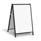 A black A-frame sign with a large white insertable panel for displaying promotional content.