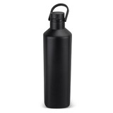 A drink bottle in matte black with a sturdy handle and a secure lid. It features a branding logo.