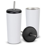 A drink bottle featuring a sleek white exterior, a black lid, and a stainless steel straw, with a logo present.