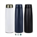 A drink bottle trio featuring a white bottle with a metallic lid, a navy bottle, and a matte black bottle. Each has a sleek design and branding.