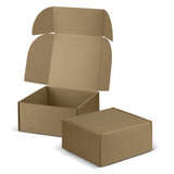 A kraft cardboard die cut box with a locking lid, shown open and closed, in a plain design.