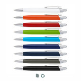 A collection of metal pens in white, orange, green, blue, red, navy, dark grey, and black, featuring silver accents and branding.