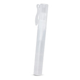 A clear hand sanitiser stick with a clip attached, featuring a smooth, cylindrical design.