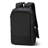 A black backpack with a sleek design, featuring a zippered front pocket and adjustable shoulder straps.