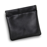A black leather pouch with a smooth finish and a silver clasp at the top. It features a subtle logo.