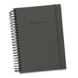 A dark grey recipe journal with a spiral binding and an elastic band, featuring the text "Recipe Journal" on the cover.