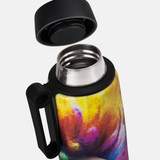 A drink bottle with a colourful design featuring shades of yellow, purple, and red, with a black lid and handle.