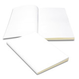 A white notebook with blank pages, featuring a smooth cover and a subtle spine. It has a branding logo.