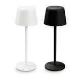 Rechargeable table lamps in white and black, featuring a simple, modern design with a round base.