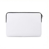 A white laptop sleeve with a black zip and a simple, sleek design. It features a logo on the surface.