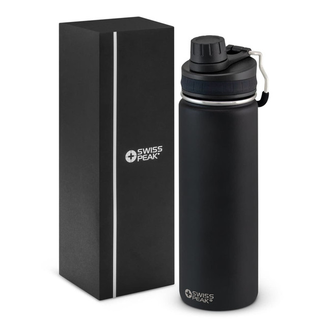 A drink bottle in matte black with a silver lid, packaged in a sleek black box featuring a logo.