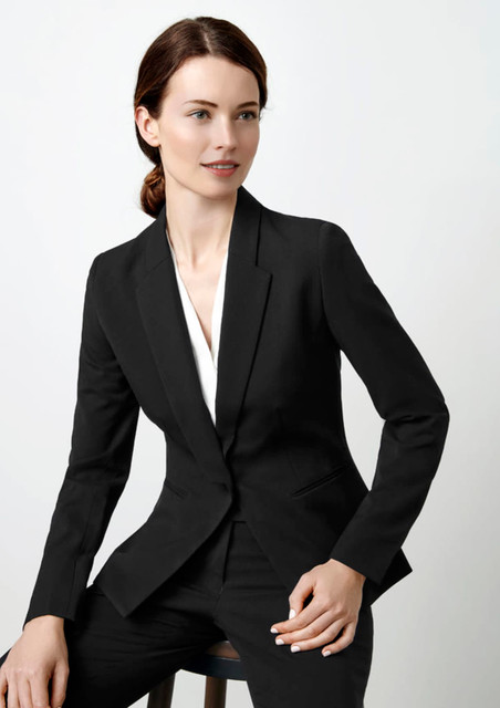 A stylish black women's blazer with a tailored fit, featuring a notched lapel and a single-button closure.