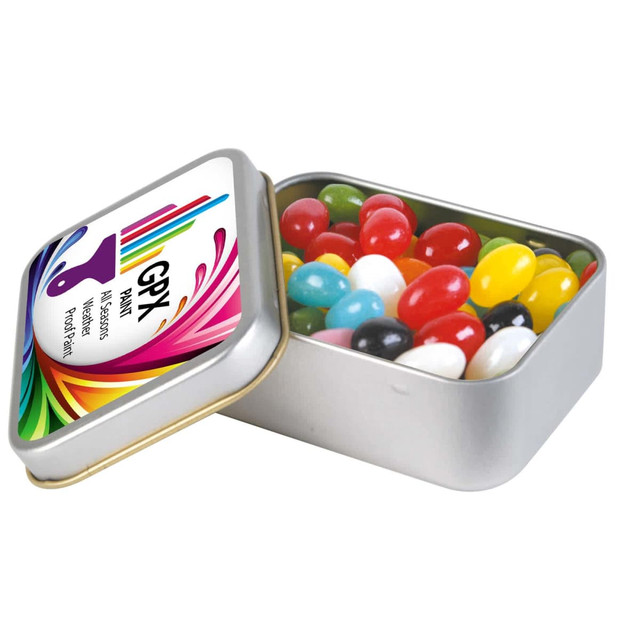 Assorted Colour Mini Jelly Beans in Silver Rectangular Tin