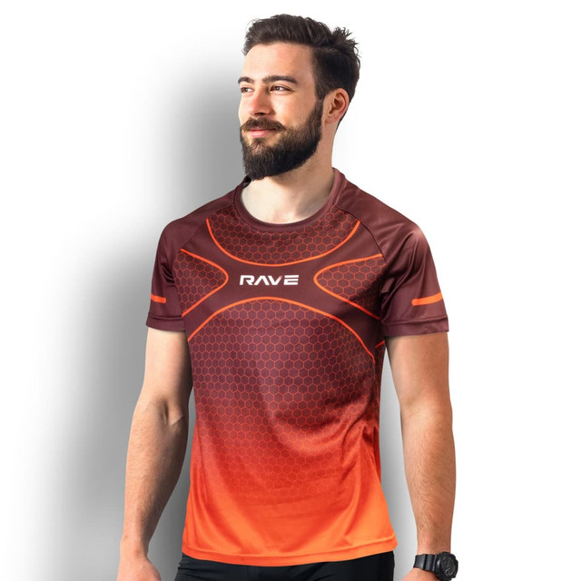A men's performance T-shirt in shades of brown and orange with a logo on the front.