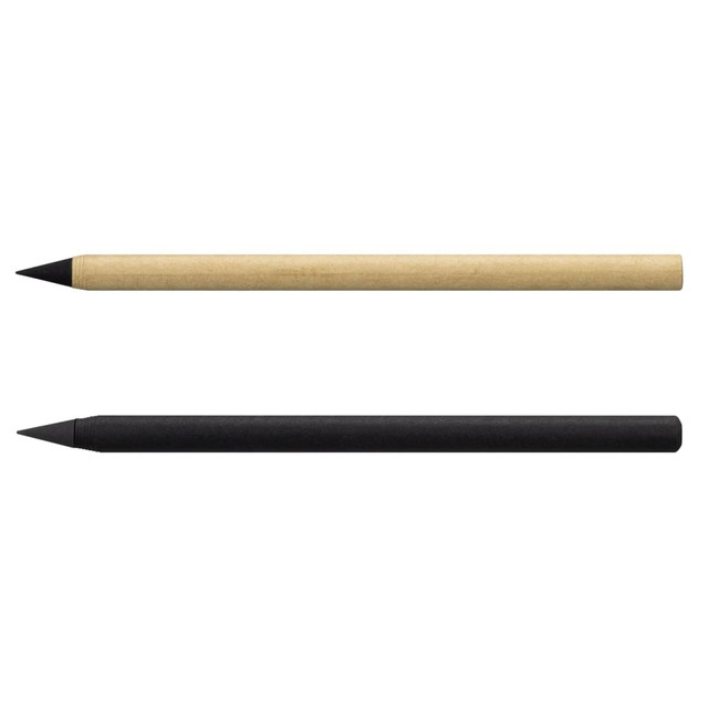 A pair of pens featuring a kraft paper exterior in brown and a sleek black finish, both with inkless tips.