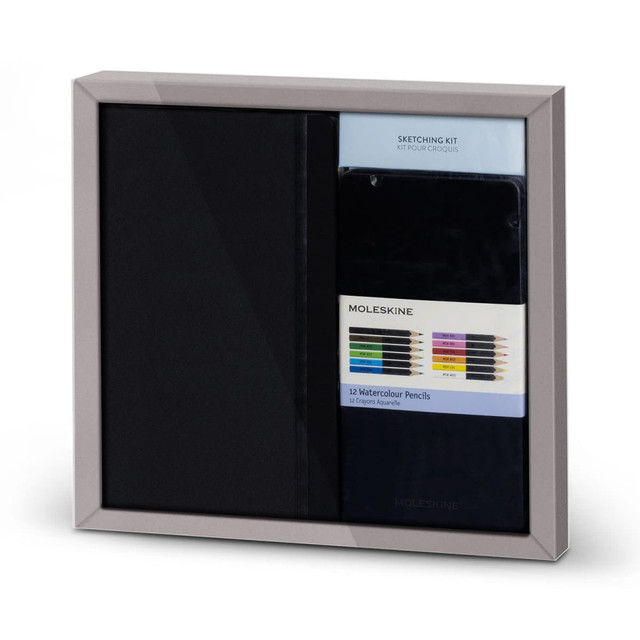 A Moleskine bundle featuring a black sketchbook and a set of 12 watercolour pencils, presented in a sleek frame.