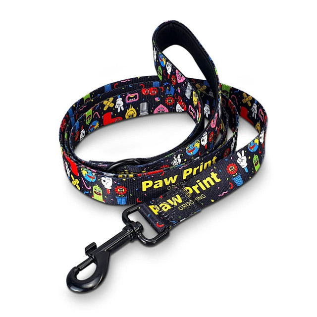 A dog leash featuring a vibrant pattern of cartoonish designs, primarily in black with colourful prints and a clip attachment.