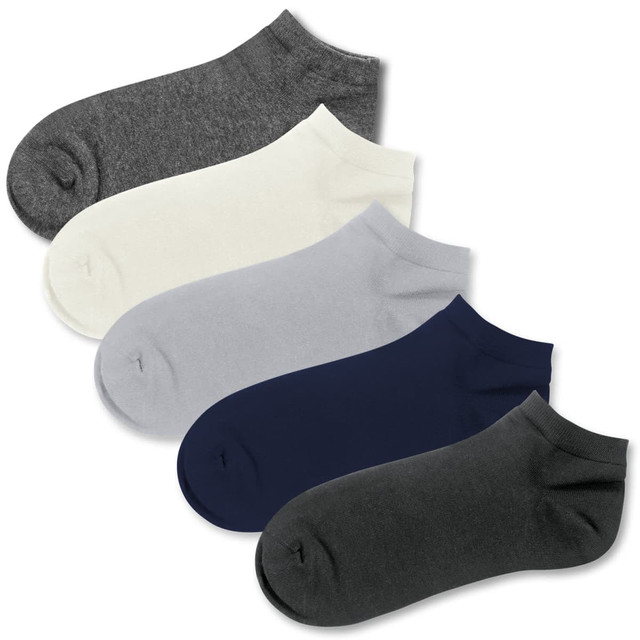 An assortment of June Ankle Socks in grey, white, light grey, and navy blue, featuring varying shades and a logo.