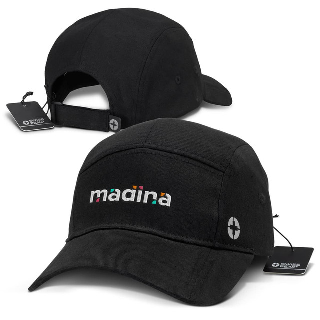 A black 5-panel cap with a logo, featuring a colourful word on the front and an adjustable strap at the back.