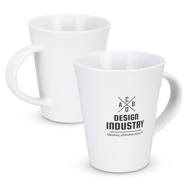 A white coffee mug with a tapered design and a logo printed on the side.