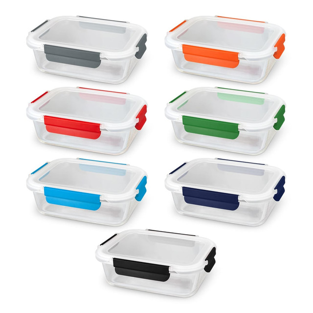 A set of glass lunch boxes with colourful silicone clips in grey, orange, green, blue, and navy. Each box is transparent.