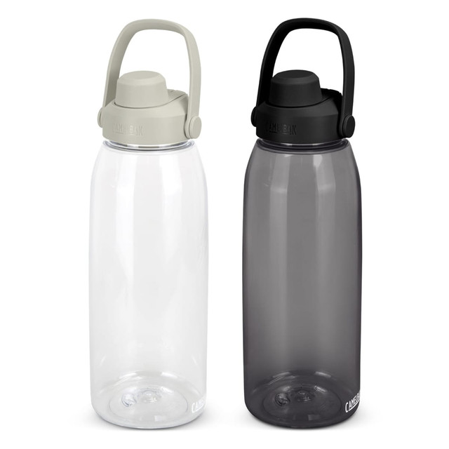 A drink bottle set featuring a clear bottle with a grey lid and a smoky black bottle with a black lid. Both have a handle.